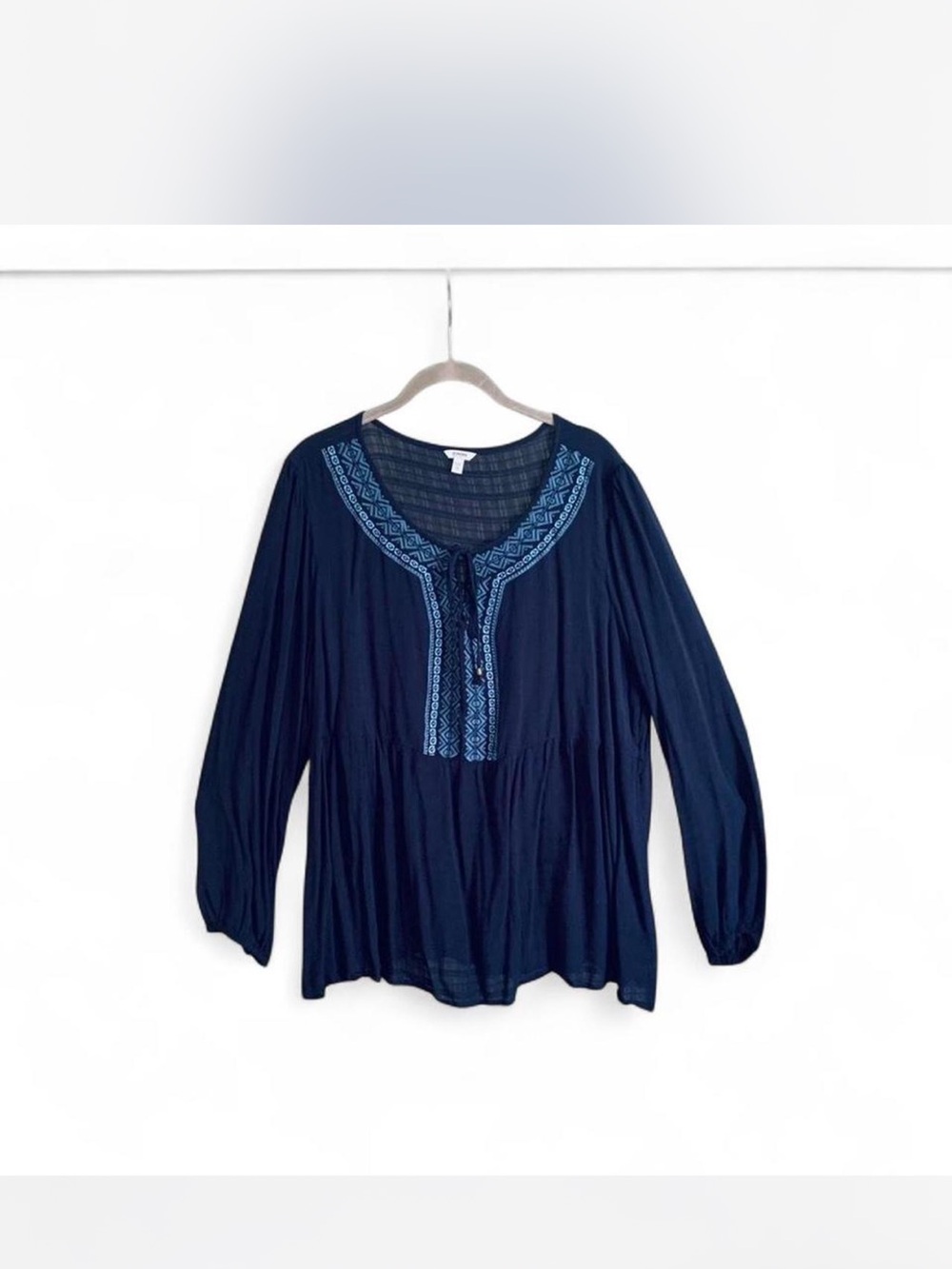 Bohochic Sonoma Navy Blue Peasant Blouse with Light Blue Embroidery size XL